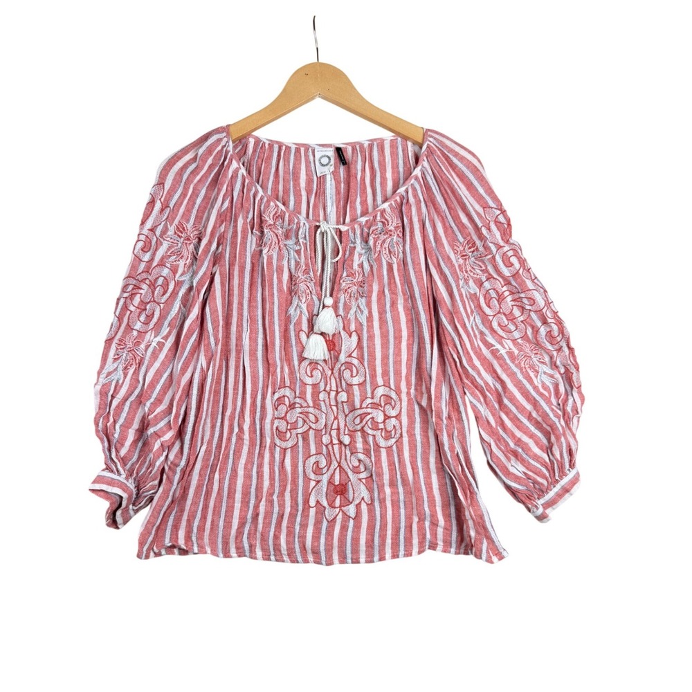 Anthropologie Akemi Kin Linen Blend Striped/Floral Peasant Blouse size Small Red